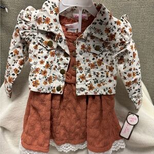 Little Lass Floral Jacket and Dress Set - Orange and White